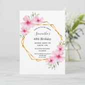 Invitation 40e anniversaire rose floraux or géométrique (Debout devant)