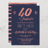 Invitation 40e anniversaire Rose Gold Blue soirée tendance (Devant / Derrière)