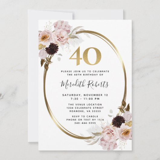 Invitation 40e anniversaire Rose Gold Metallic Floral Party (Devant)