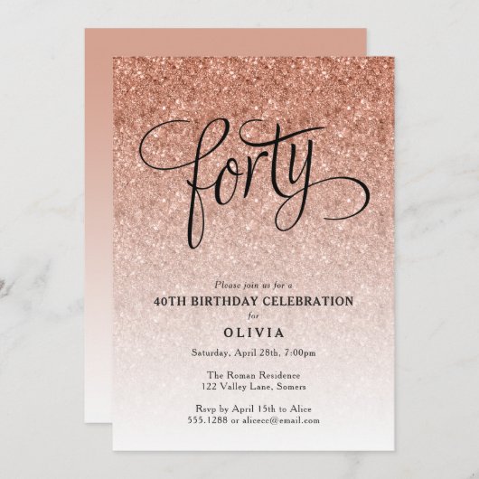 Invitation 40e anniversaire Rose Gold Ombre Parties scintilla (Devant / Derrière)