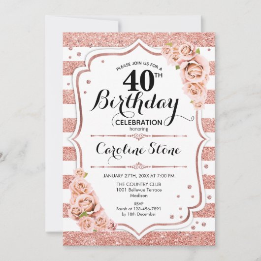 Invitation 40e anniversaire - Rose Gold White Stripes (Devant)