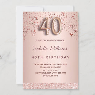 Invitation 40e anniversaire rose or rose étoiles script ballo