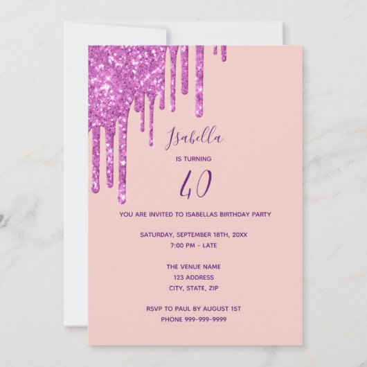 Invitation 40e anniversaire rose parties scintillant or robe (Dos)