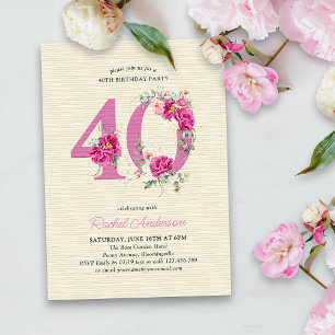 Invitation 40e Anniversaire Rose Peony Floral Numéro 40