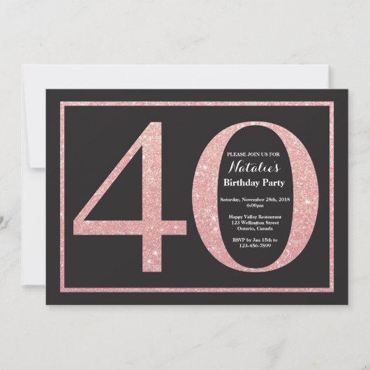 Invitation 40e Anniversaire Rose Pink Gold Parties scintillan (Devant)