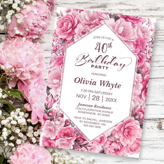 Invitation 40e anniversaire Rose Rose Floral Party