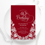 Invitation 40e anniversaire Roses d'argent rouge<br><div class="desc">Elégante invitation à la fête du 40e anniversaire en argent rouge. Design classique avec rose, faux feuille argent et police de script de typographie. Carte invitation tendance parfaite pour une célébration anniversaire élégante. Personnalisez avec vos propres détails. Peut être customisé à n'importe quel âge. Invitations Zazzle imprimées ou téléchargement instantané...</div>