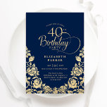 Invitation 40e anniversaire Roses d'or de la Marine<br><div class="desc">L'or bleu marine élégante 40ème anniversaire invitation fête. Design classique avec rose, faux feuille d'or et police de script de typographie. Carte invitation tendance parfaite pour une célébration anniversaire élégante. Personnalisez avec vos propres détails. Peut être customisé à n'importe quel âge. Invitations Zazzle imprimées ou téléchargement instantané modèle imprimable numérique....</div>