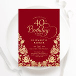 Invitation 40e anniversaire Roses d'or rouge<br><div class="desc">Elégante invitation à la fête du 40ème anniversaire en or rouge. Design classique avec rose, faux feuille d'or et police de script de typographie. Carte invitation tendance parfaite pour une célébration anniversaire élégante. Personnalisez avec vos propres détails. Peut être customisé à n'importe quel âge. Invitations Zazzle imprimées ou téléchargement instantané...</div>