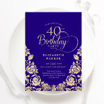 Invitation 40e anniversaire Roses d'or violet<br><div class="desc">Elégante invitation à la fête du 40ème anniversaire en or violet. Design classique avec rose, faux feuille d'or et police de script de typographie. Carte invitation tendance parfaite pour une célébration anniversaire élégante. Personnalisez avec vos propres détails. Peut être customisé à n'importe quel âge. Invitations Zazzle imprimées ou téléchargement instantané...</div>