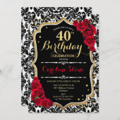 Invitation 40e anniversaire - Roses rouges Or noir Damas (Devant / Derrière)