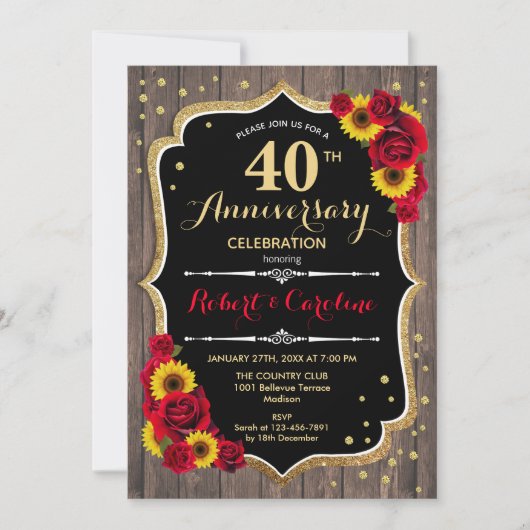 Invitation 40e Anniversaire - Roses Rouges Tournesols Bois (Devant)