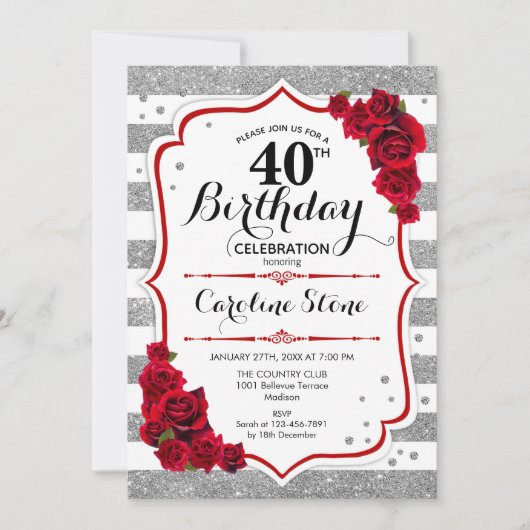 Invitation 40e anniversaire - Rouge argent blanc rayures Rose (Devant)