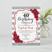 Invitation 40e anniversaire - Rouge argent blanc rayures Rose (Debout devant)