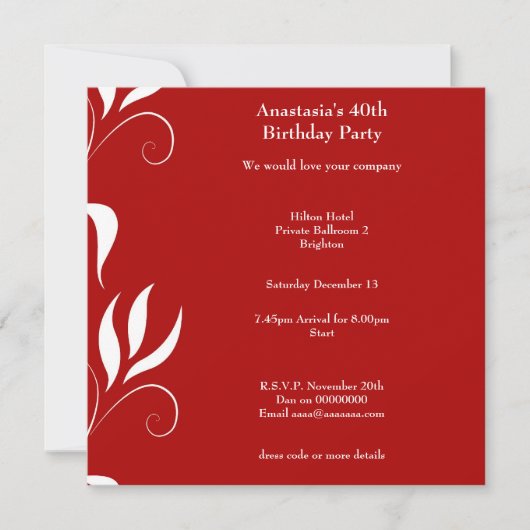 Invitation 40e anniversaire Rouge avec Floral blanc (Devant)