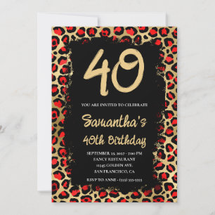 Invitation 40e anniversaire Rouge et Or Léopard Peint en Noir
