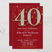 Invitation 40e Anniversaire Rouge Or Diamants (Devant / Derrière)