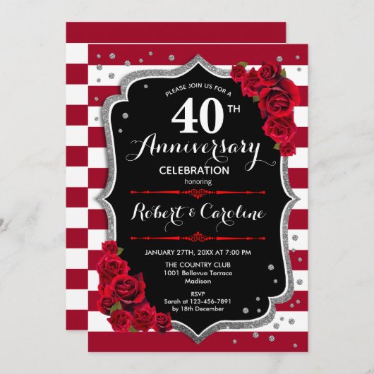 Invitation 40e anniversaire - Rouge rubis argent noir (Devant / Derrière)