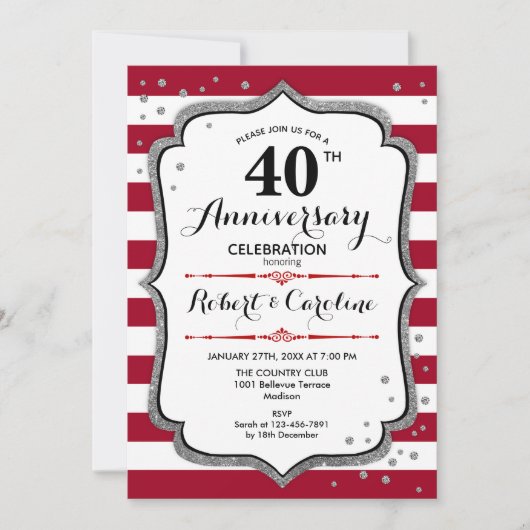 Invitation 40e anniversaire - Rouge rubis blanc argent (Devant)