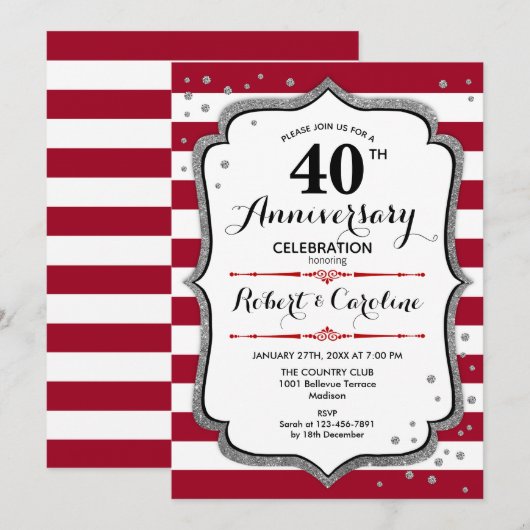 Invitation 40e Anniversaire - Rouge Rubis Blanc Argent (Devant / Derrière)