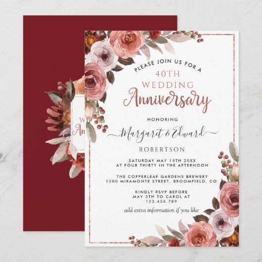 Invitation 40e Anniversaire Rouge Rubis, Fard à joues Rose Go (Devant / Derrière)