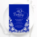 Invitation 40e anniversaire Royal Blue Silver Roses<br><div class="desc">Royal bleu argent élégant 40e anniversaire invitation de fête. Design classique avec rose, faux feuille argent et police de script de typographie. Carte invitation tendance parfaite pour une célébration anniversaire élégante. Personnalisez avec vos propres détails. Peut être customisé à n'importe quel âge. Invitations Zazzle imprimées ou téléchargement instantané modèle imprimable...</div>