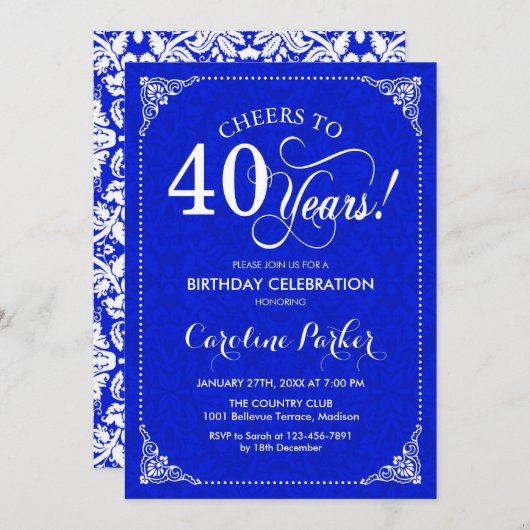 Invitation 40e anniversaire - Royal Blue White Damask (Devant / Derrière)