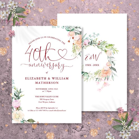 Invitation 40e anniversaire Ruby Heart Floral Monogramme