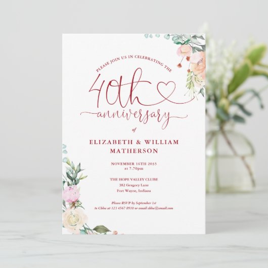 Invitation 40e anniversaire Ruby Heart Floral Monogramme (Debout devant)