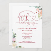 Invitation 40e anniversaire Ruby Heart Floral Monogramme (Devant / Derrière)