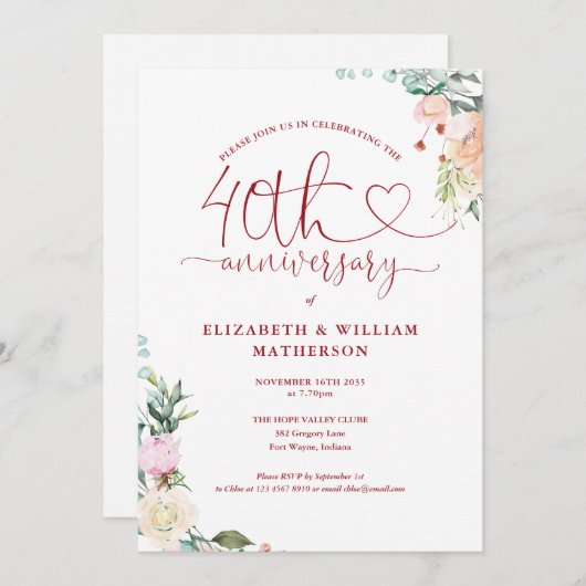 Invitation 40e anniversaire Ruby Heart Floral Monogramme (Devant / Derrière)