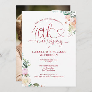 Invitation 40e anniversaire Ruby Heart Floral Photo