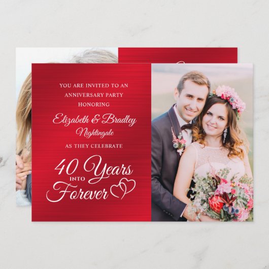 Invitation 40e Anniversaire Ruby Hearts ANNÉES EN FOREVER (Devant / Derrière)