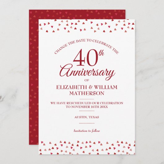 Invitation 40e anniversaire Ruby Hearts Change la date (Devant / Derrière)