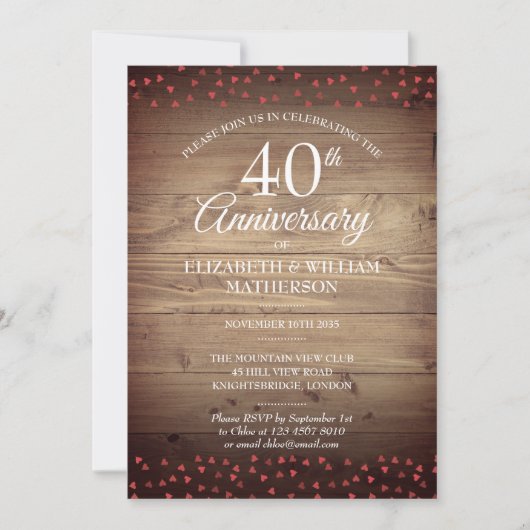 Invitation 40e anniversaire Ruby Love Hearts Bois Rustique (Devant)