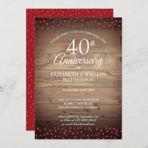 Invitation 40e Anniversaire Ruby Love Hearts Bois rustique