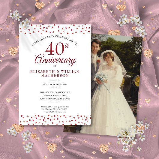 Invitation 40e Anniversaire Ruby Love Hearts Confettis Photo