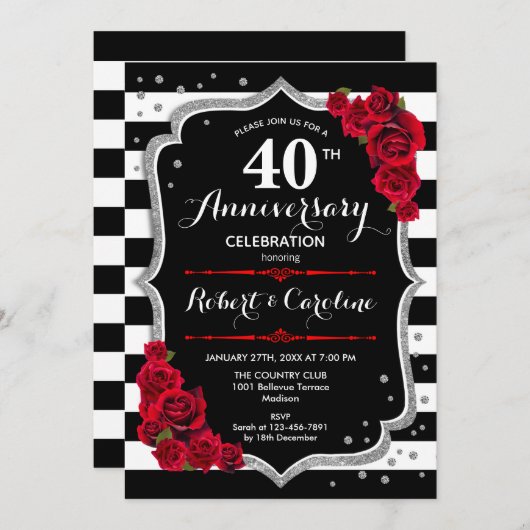 Invitation 40e anniversaire - Ruby Rouge Argent Noir Blanc (Devant / Derrière)