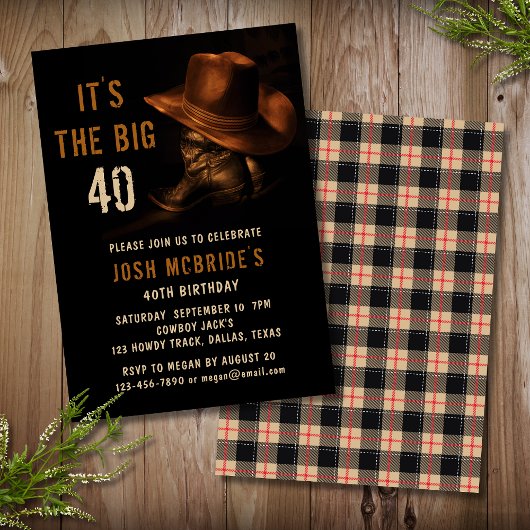 Invitation 40e anniversaire Rustic Cowboy Casquette et Bottes