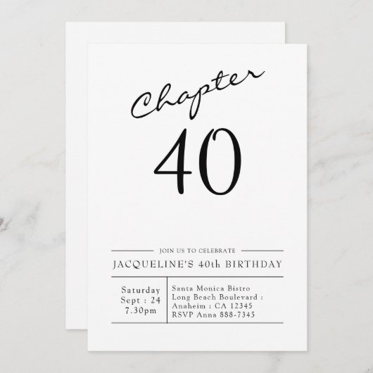 Invitation 40e anniversaire Script 40 Party (Devant / Derrière)