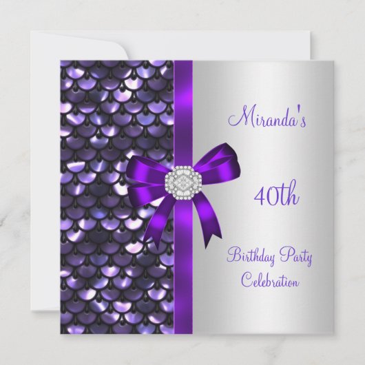 Invitation 40e Anniversaire Sequins Argent Violette Diamant N (Devant)