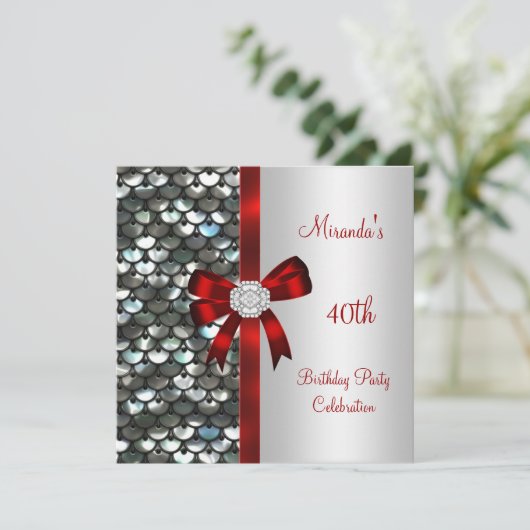 Invitation 40e anniversaire Séquins d'argent Bow diamant roug (Debout devant)