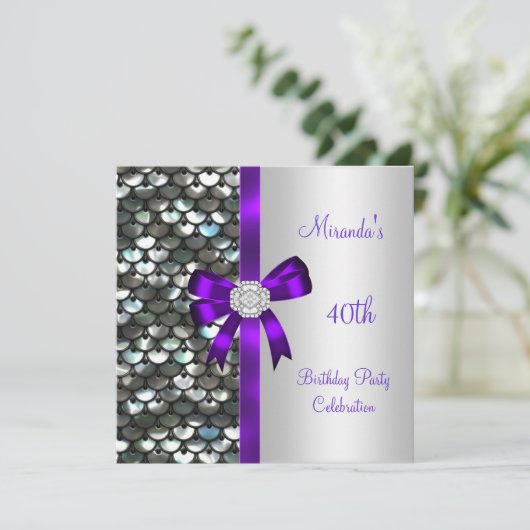 Invitation 40e anniversaire Séquins d'argent pourpre Bow de d (Debout devant)