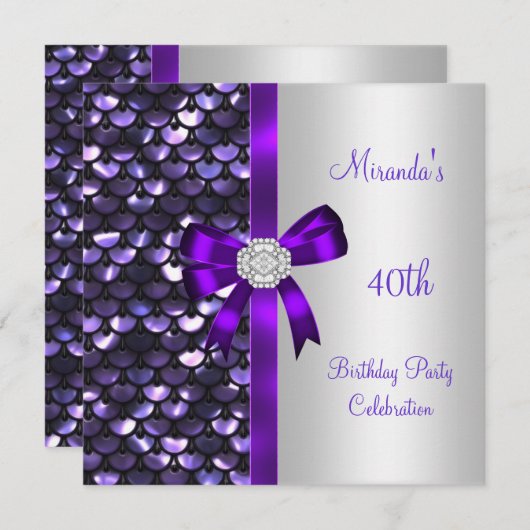 Invitation 40e anniversaire Séquins d'argent pourpre Bow de d (Devant / Derrière)