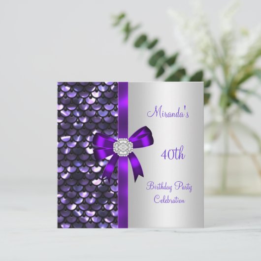 Invitation 40e anniversaire Séquins d'argent pourpre Bow de d (Debout devant)