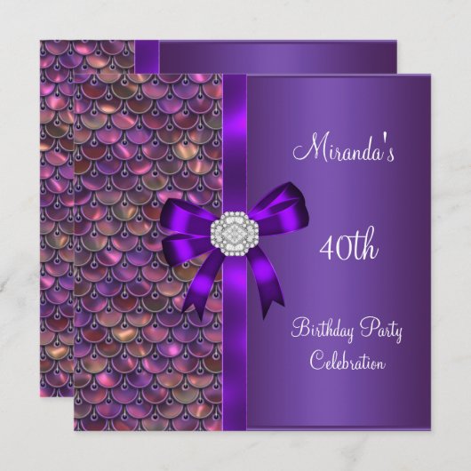 Invitation 40e Anniversaire Séquins rose pourpre Bow Diamond (Devant / Derrière)
