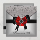 Invitation 40e anniversaire Silver Floral Black Red Bow Jewel (Devant / Derrière)