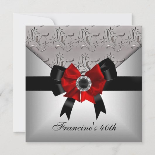 Invitation 40e anniversaire Silver Floral Black Red Bow Jewel (Devant)