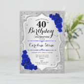 Invitation 40e anniversaire - Silver Stripes Royal Blue Roses (Debout devant)