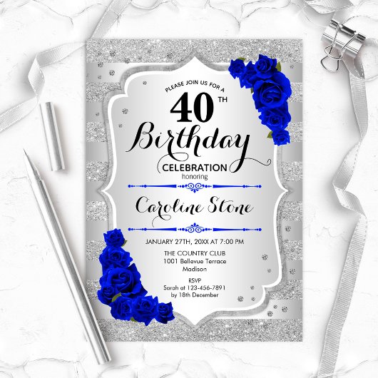 Invitation 40e anniversaire - Silver Stripes Royal Blue Roses